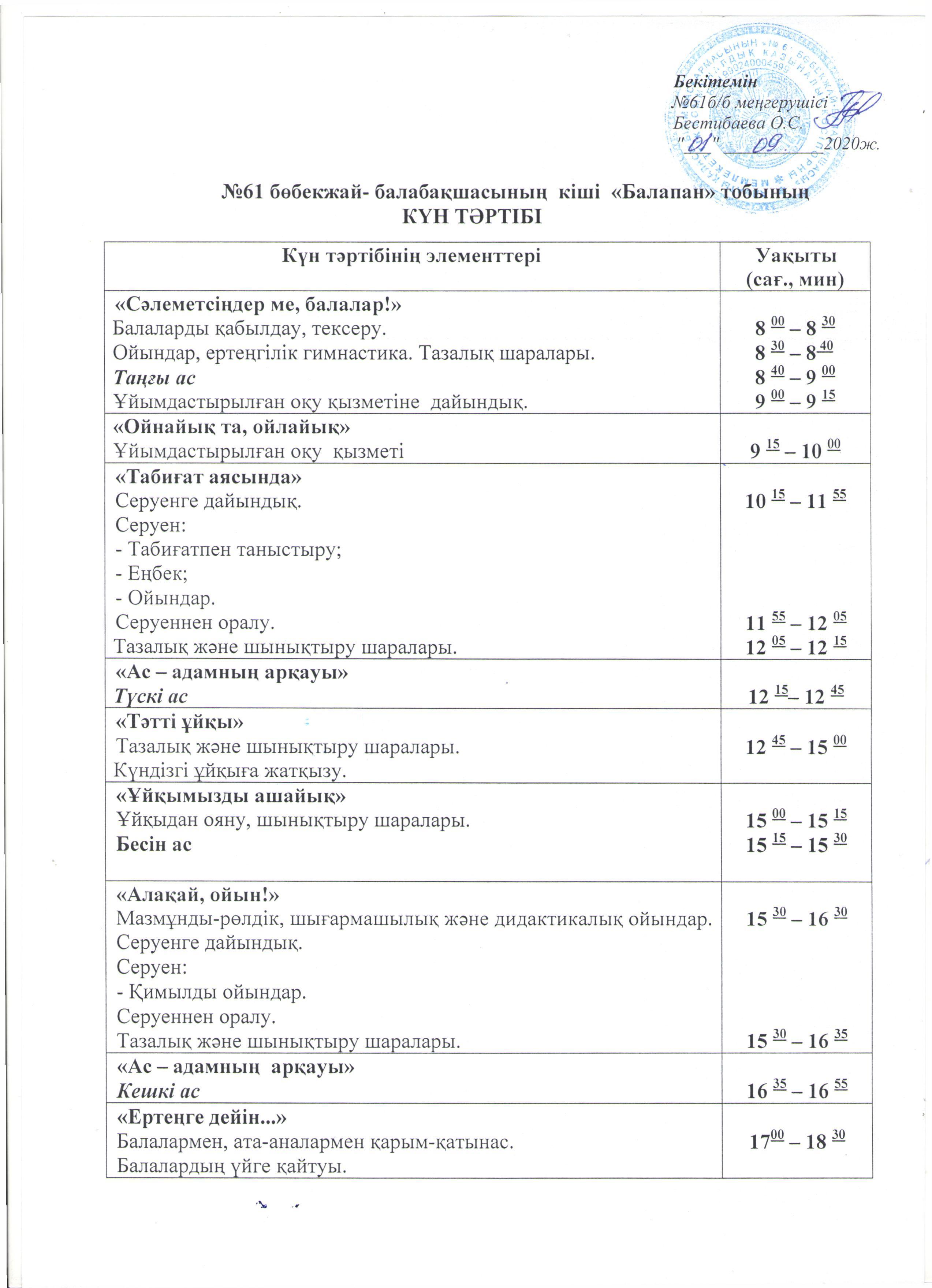 "Балапан"  тобының  күн  тәртібі